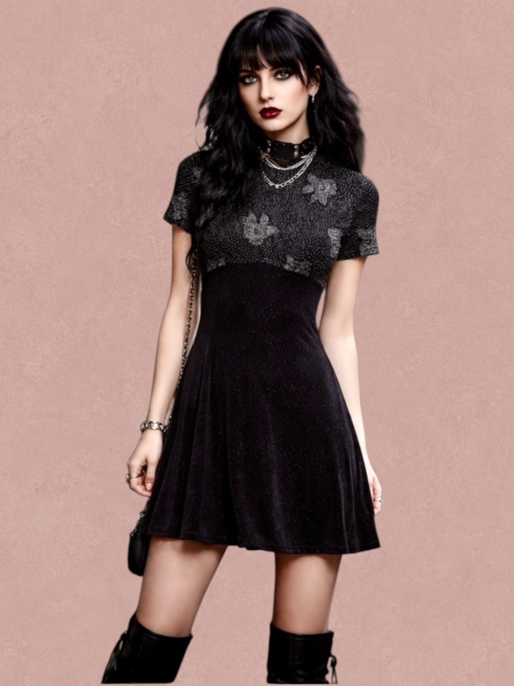 Vintage 90s Celestial Dress Black Glitter Mock Neck Small Emo Goth Grunge